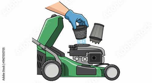 Hand in glove replacing lawn mower air filter, maintenance