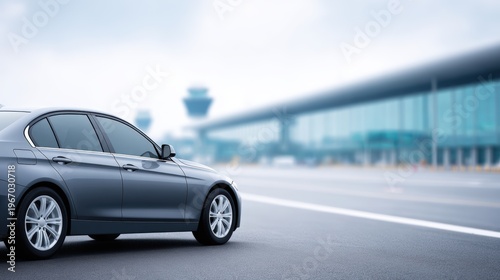 Gray sedan parked on an airport parking lot with terminal building and control tower visible in the background under a cloudy sky, emphasizing travel and transportation themes