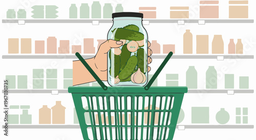 Hand holding jar of pickles over a green shopping basket in a store aisle
