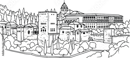 Alhambra Palace Granada line art illustration isolated