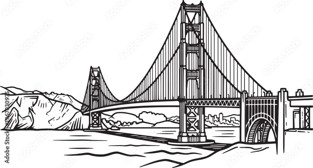 Fototapeta premium Golden Gate Bridge line art isolated iconic suspension bridge illustration