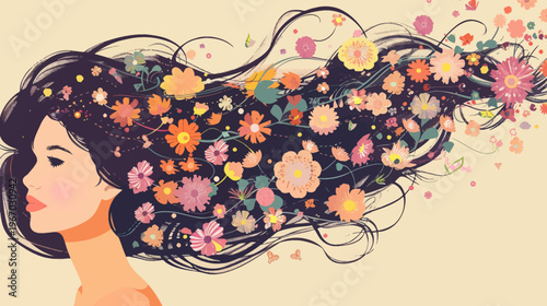 Woman with flowing hair adorned with colorful flowers illustration