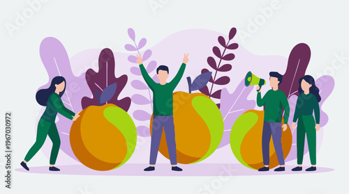 Team of people promoting healthy lifestyle and fresh fruit with giant apples