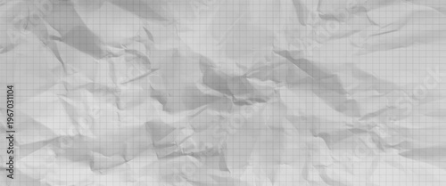 Wallpaper made of crumpled, textured, realistic checkered paper, a blank notebook sheet with folds.