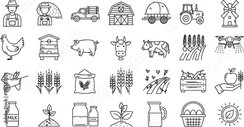Agriculture and farming icon set with farmer barn tractor livestock crops irrigation and dairy production modern line vector illustration collection