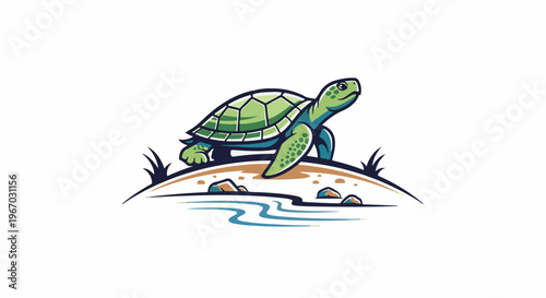 Green turtle on shore with water and rocks, stylized