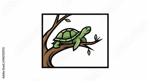 Green turtle perched on a brown tree branch with leaves