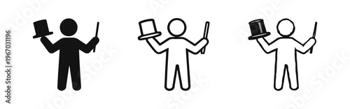 Magician performing a magic trick with a top hat and magic wand icon set in solid, outline, and hand-drawn styles.