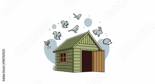 Green wooden shed with open doors surrounded by playful forest animals