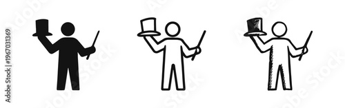 Magician with a top hat and magic wand icon set, featuring solid, outline, and artistic doodle styles.