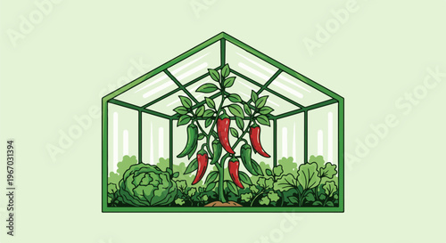 Greenhouse with ripe peppers, lettuce, and other leafy vegetables