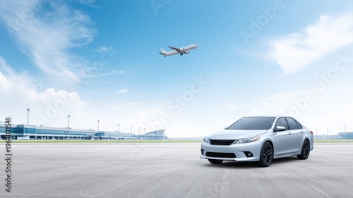 White sedan parked on an airport parking lot with an airplane flying overhead against a clear blue sky and modern terminal buildings visible in the background
