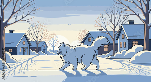 Fluffy cat strolls through a snowy village at dawn