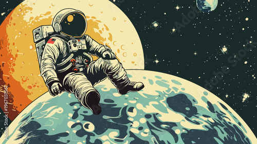 Astronaut relaxing on a planet in outer space illustration futuristic concept