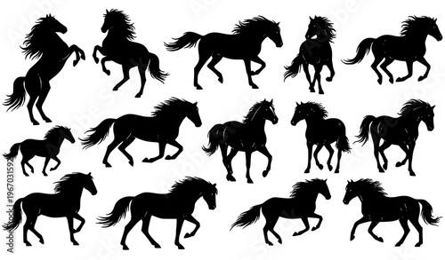 Horse silhouette vector collection black equine poses zodiac print design