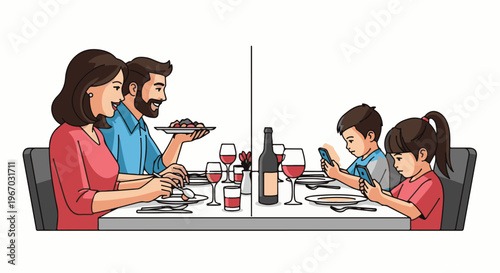 Family meal split by phones; parents present, children distracted