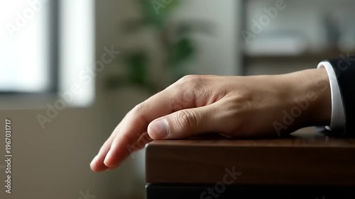 Closeup of hand on wooden surface.