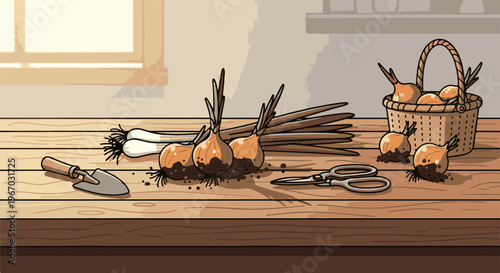 Freshly harvested onions and tools arranged on a rustic wooden table
