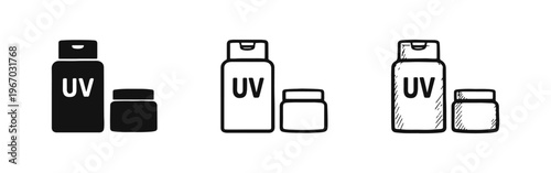 UV protection cream and lotion bottle icon set in solid, outline, and hand-drawn doodle styles.