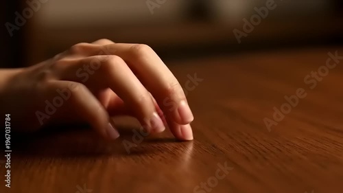 Closeup of hand on wooden surface.
