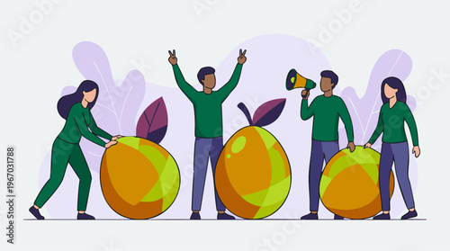 Diverse group of people collaborating and communicating with large fruits