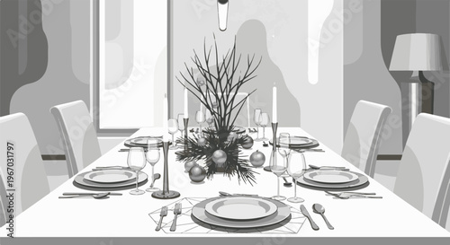 Formal dining table set with festive centerpiece and elegant seating