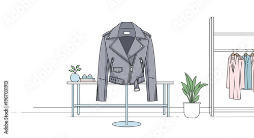 A grey leather biker jacket is displayed on a mannequin stand in a minimalist room with a clothing rack and plants.