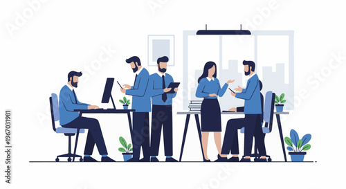 Four colleagues in a modern office collaborate around desks with computers and plants