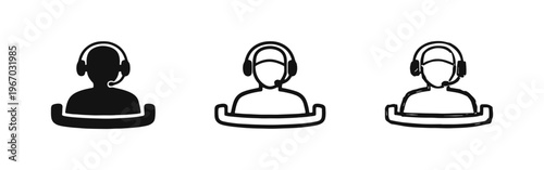 Customer support or call center agent icon set with headset in solid, outline, and hand-drawn doodle styles.