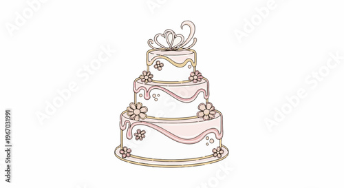 Elegant three-tiered pink cake with floral accents and heart topper