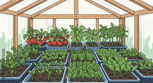 Greenhouse filled with various young vegetables and ripe red tomatoes