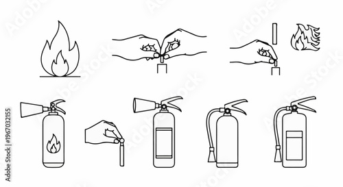 Fire safety icons flame, extinguisher operation and types