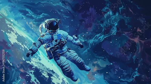 Astronaut floating in the universe amidst nebulae and stars artwork