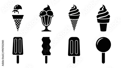 Collection of black and white ice cream icons representing different flavors and styles for