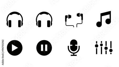 Collection of black and white icons representing audio controls and music equipment