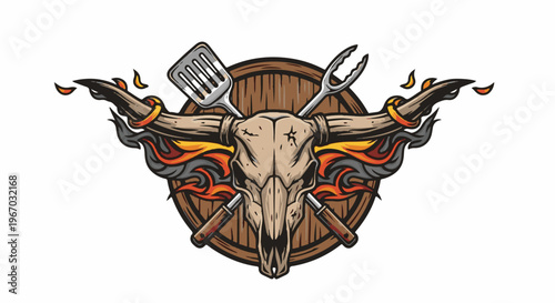 Fired-up bull skull with grilling tools on a wooden barrel backdrop