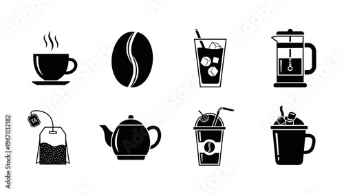 Collection of black and white icons representing various coffee beverages and brewing methods