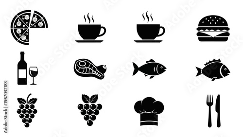Collection of black and white icons representing various food and drink items including pizza,