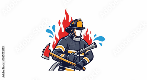 Firefighter in protective gear with axe and hose amid flames and water
