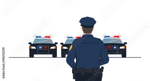 A police officer in uniform stands with his back to the viewer, facing three police cars with flashing lights on a white background.