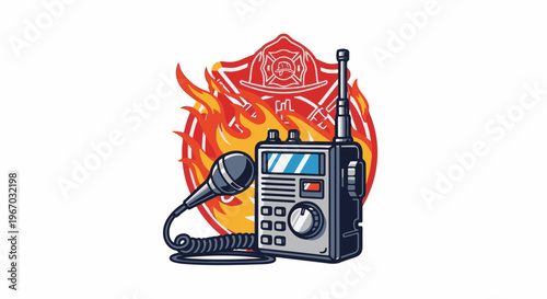 Firefighter radio communications with emblem and flames