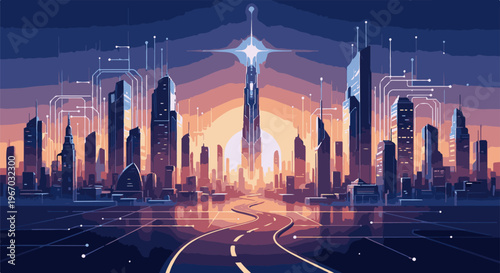 Futuristic cityscape at dusk with towering skyscrapers and digital network