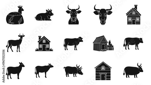 Collection of black silhouette icons depicting different animals and farm structures for design