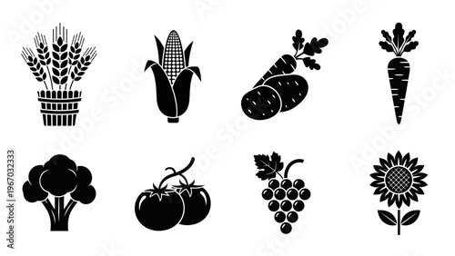 Collection of Black Silhouette Icons Featuring Various Vegetables and Plants for Design and