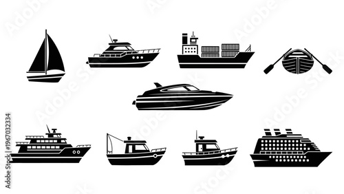 Collection of black silhouette maritime vessels including yachts ships boats canoe and cruise liner