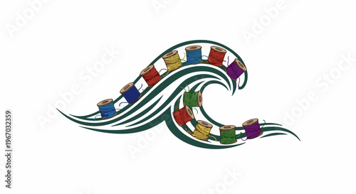 Colorful spools of thread cascade along a stylized green wave