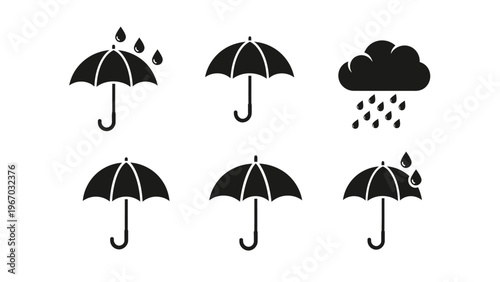 Collection of black umbrella icons including rain, with and without raindrops and open and closed