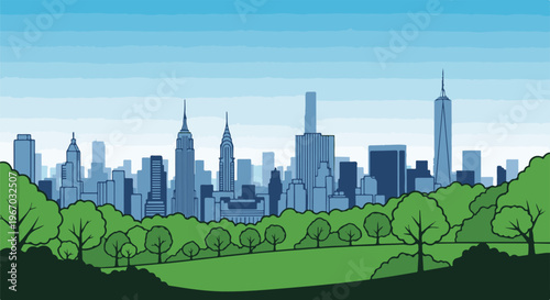 Green park landscape with a city skyline backdrop in blue