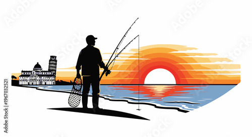 Fisherman with net and tower by the sea at sunset