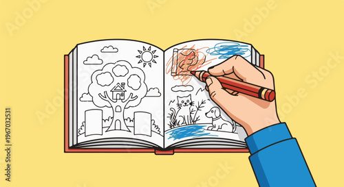 Hand coloring in a drawing book with scenes of a treehouse and pets